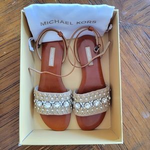Michael Kors Hadden Embellished Rope and Leather Sandal, Size 38 (7.5)